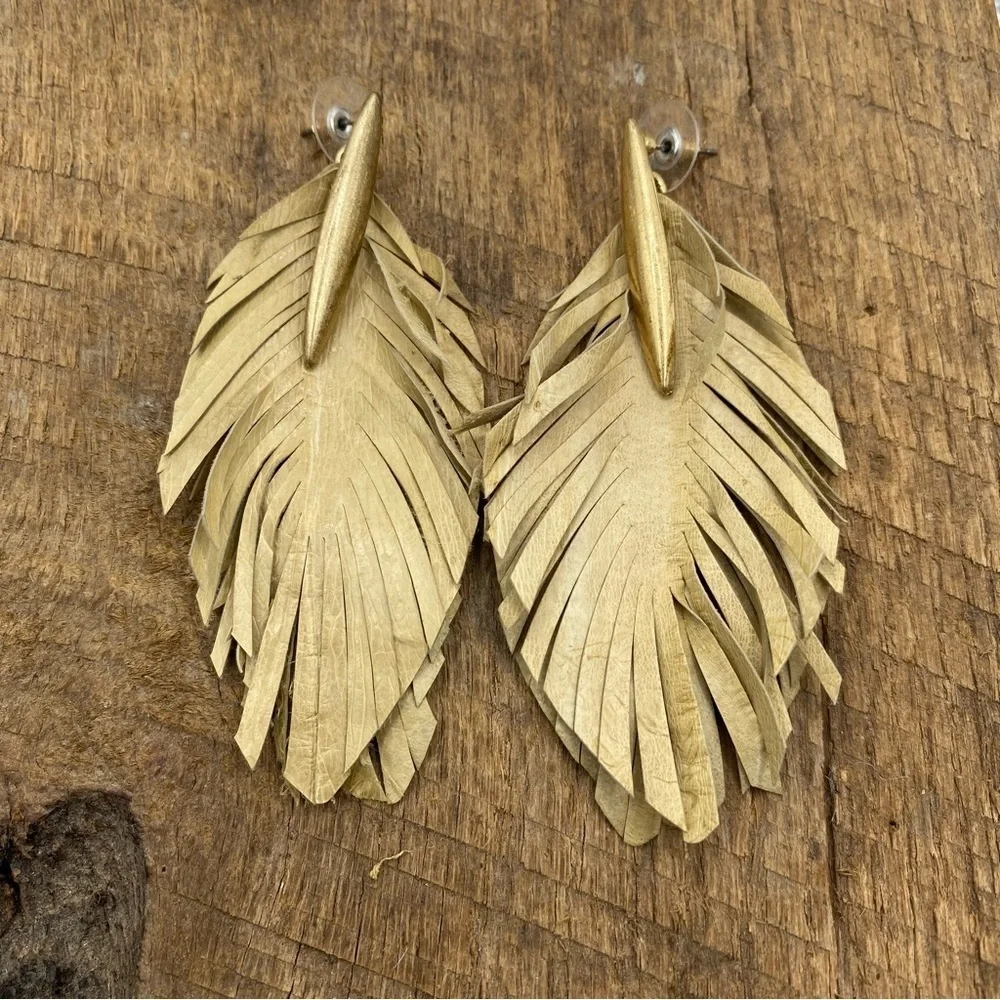 Faux Leather Beige Fringed Feather Earrings